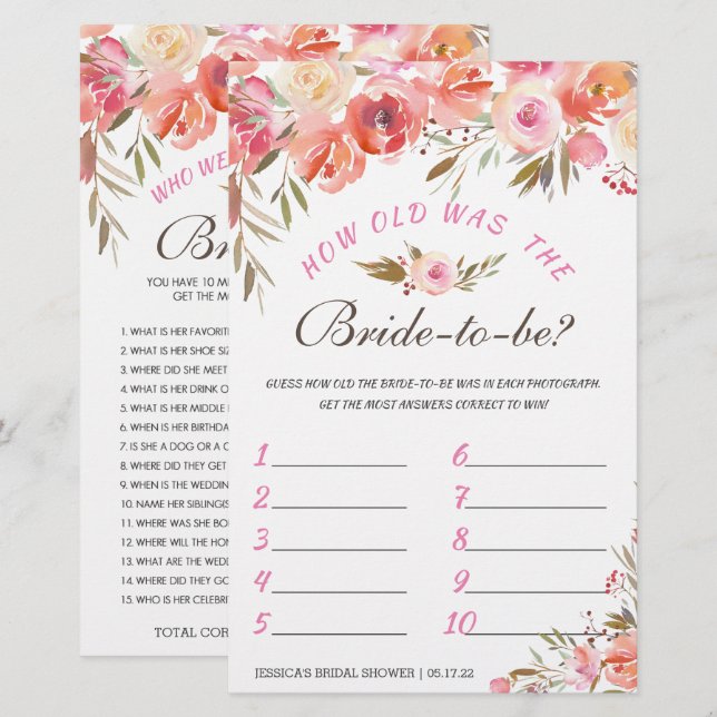 Sweet Blush Floral Double-Sided Bridal Shower Game (Front/Back)