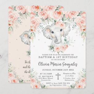 Sweet Blush Floral Elephant Baptism 1st Birthday Invitation