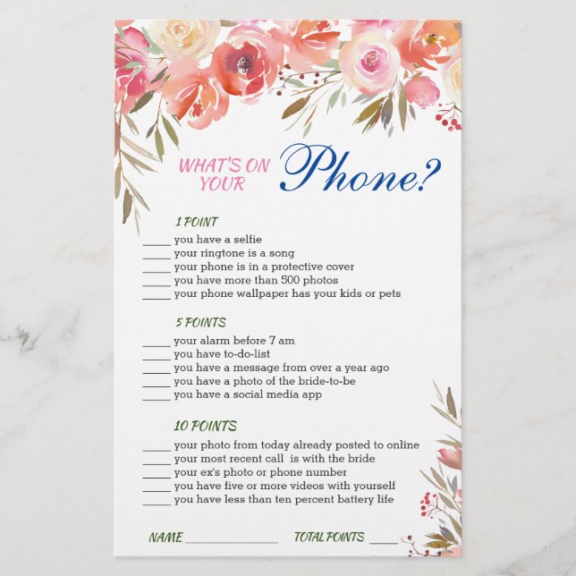 Sweet Blush Floral Watercolor Bridal Shower Game (Front)