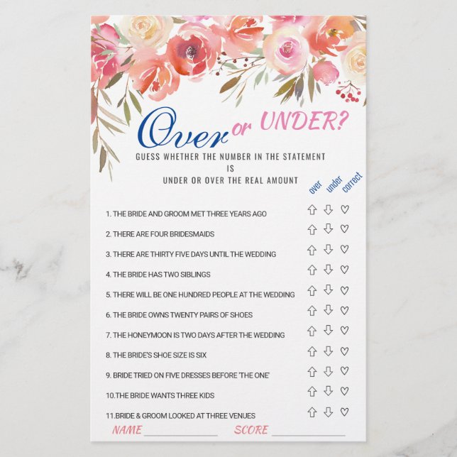 Sweet Blush Floral Watercolor Bridal Shower Game (Front)