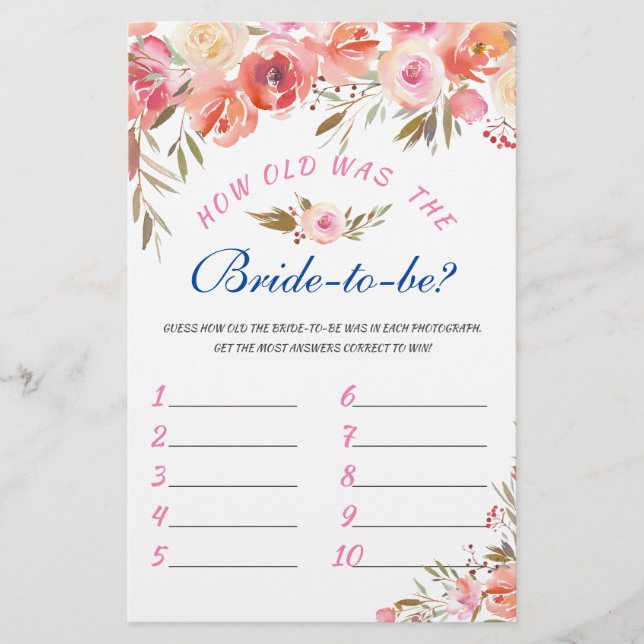 Sweet Blush Floral Watercolor Bridal Shower Game (Front)