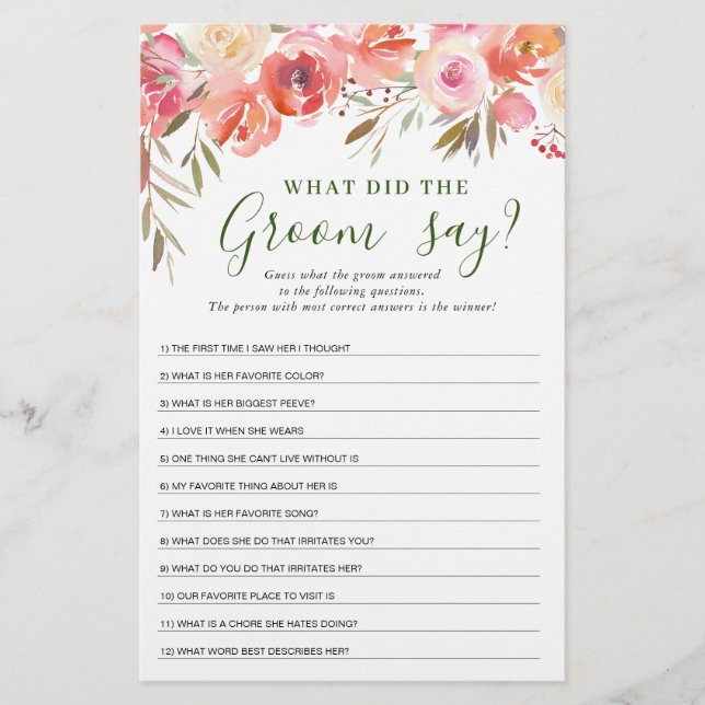 Sweet Blush Floral Watercolor Bridal Shower Game (Front)