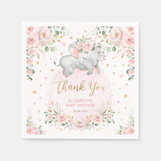 Sweet Blush Gold Roses Elephant Baby Shower Favour Napkin (Front)