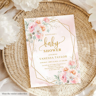 Sweet blush pink and gold glitter baby shower invitation