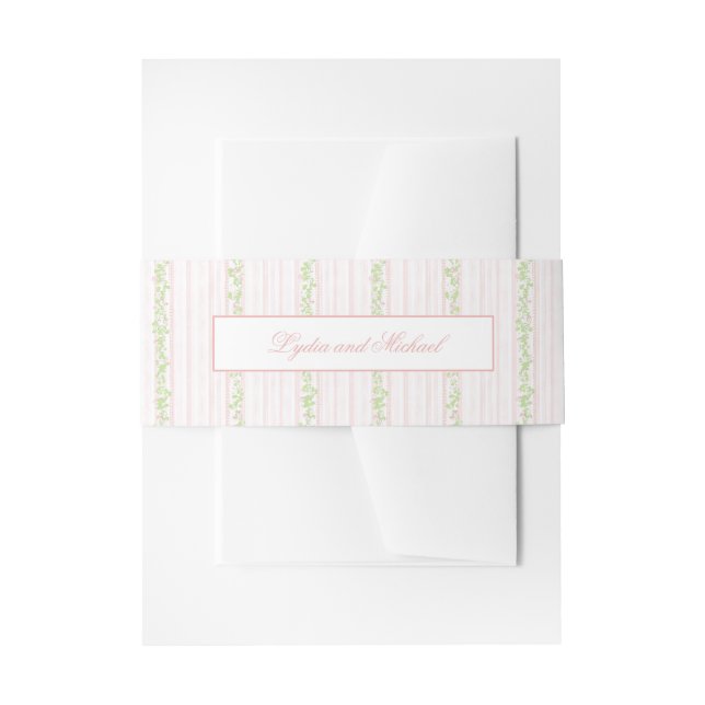  Sweet Blush Pink and Sage Green Striped Invitation Belly Band (Front Example)