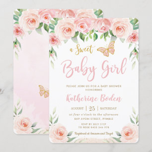 Sweet Blush Pink Floral Butterflies Baby Shower Invitation