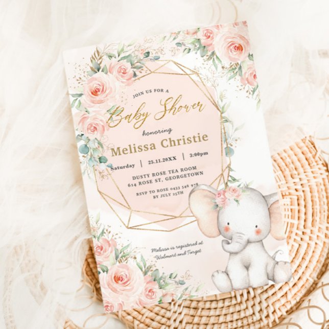 Sweet Blush Pink Floral Cute Elephant Baby Shower Invitation (Creator Uploaded)