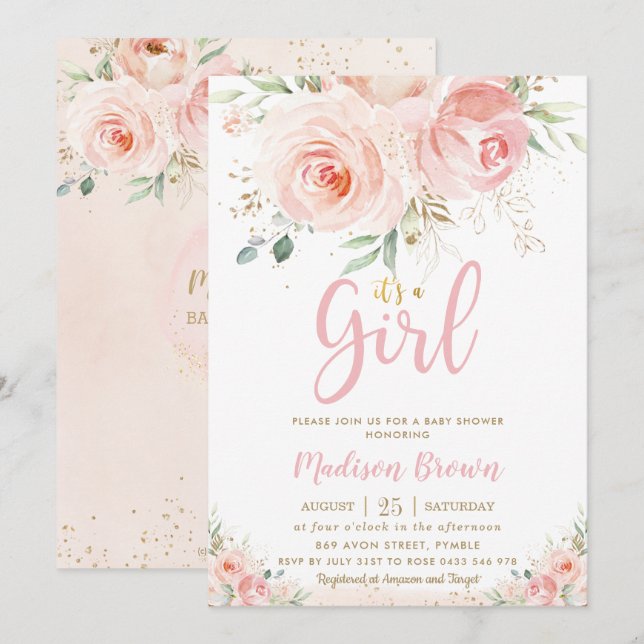 Sweet Blush Pink Floral Gold Girl Baby Shower Invitation (Front/Back)