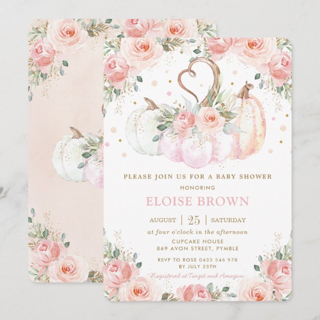 Sweet Blush Pink Floral Pumpkins Baby Shower Invitation (Front/Back)