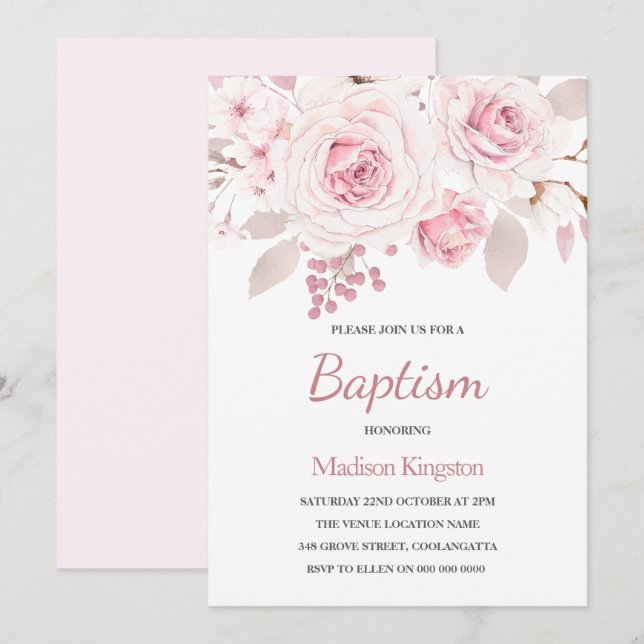 Sweet Blush Pink Flowers Beautiful Girls Baptism Invitation (Front/Back)
