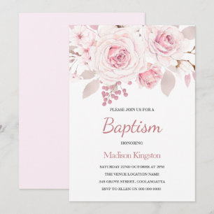 Sweet Blush Pink Flowers Beautiful Girls Baptism Invitation