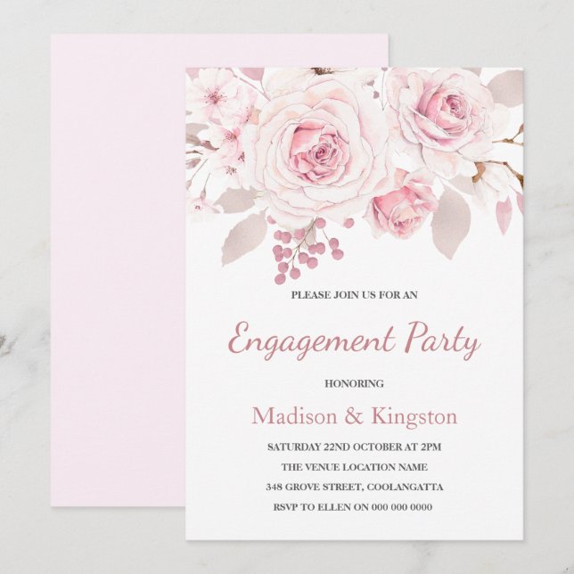 Sweet Blush Pink Flowers Engagement Party Invitation (Front/Back)