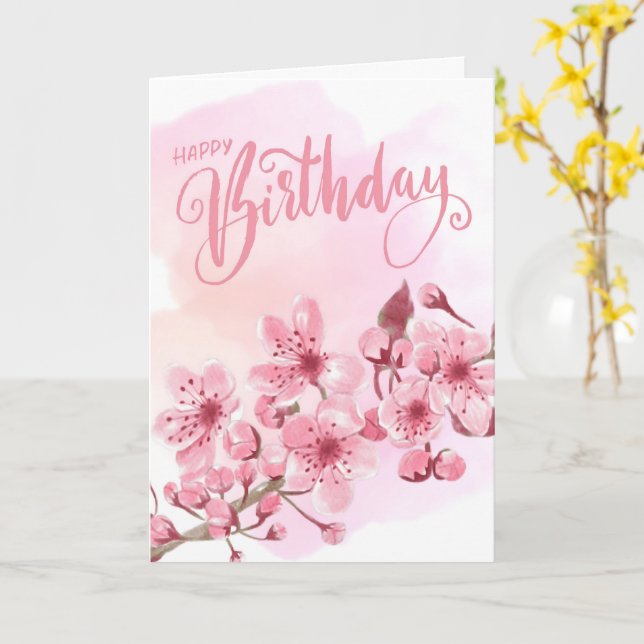 Sweet Blush Pink Sakura Floral Birthday Card (Yellow Flower)