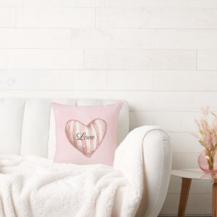 Sweet Blush Pink Striped Heart Love Cushion