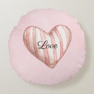 Sweet Blush Pink Striped Heart Love Round Cushion