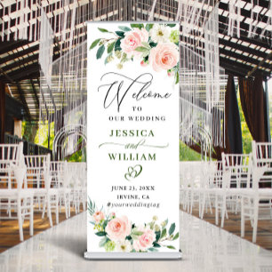 Sweet Blush Roses Floral Wedding Welcome Retractable Banner