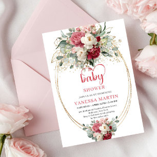 Sweet Bohemian Ruby Red Blush Gold Baby Shower Invitation