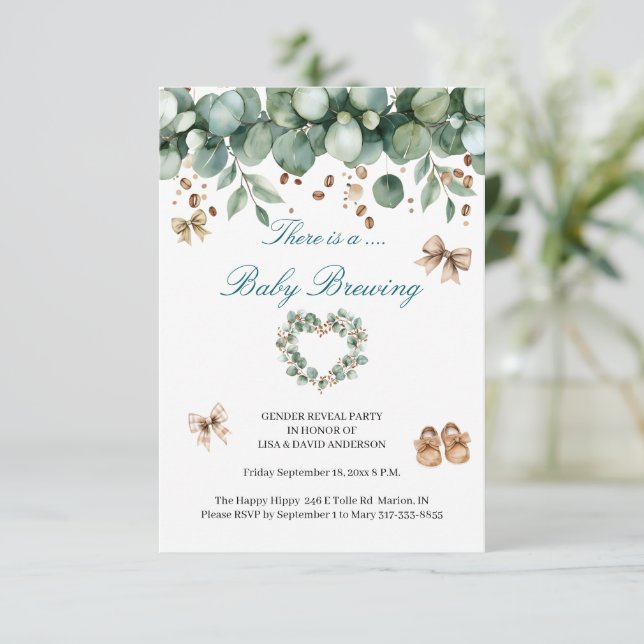 Sweet Boho Baby Reveal – Neutral Sage and Brown  Invitation (Standing Front)