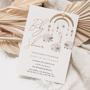 Sweet Boho Blush Pink Sheep Mobile Baby Shower Invitation