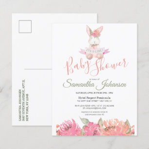 Sweet Boho Bunny Pretty Pink Floral Baby Shower Invitation Postcard