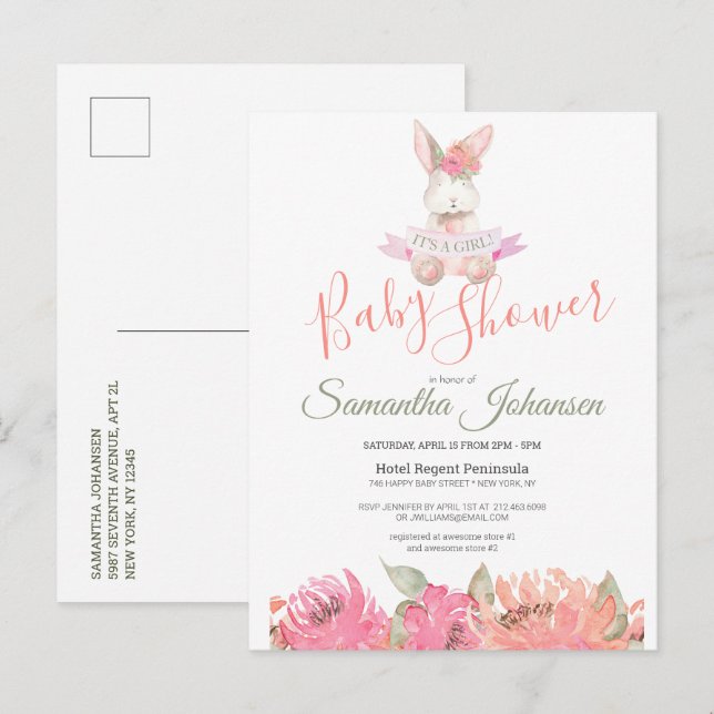 Sweet Boho Bunny Pretty Pink Floral Baby Shower Invitation Postcard (Front/Back)