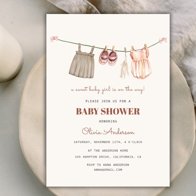 Sweet Boho Clothesline Girl Baby Shower Invitation (Sweet Boho Clothesline Girl Baby Shower Invitation)