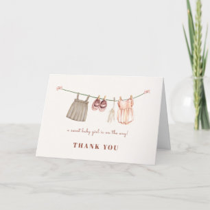 Sweet Boho Clothesline Girl Baby Shower Thank You Card