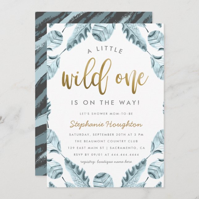 Sweet Boho Feathers Gold Wild One Boy Baby Shower Invitation (Front/Back)