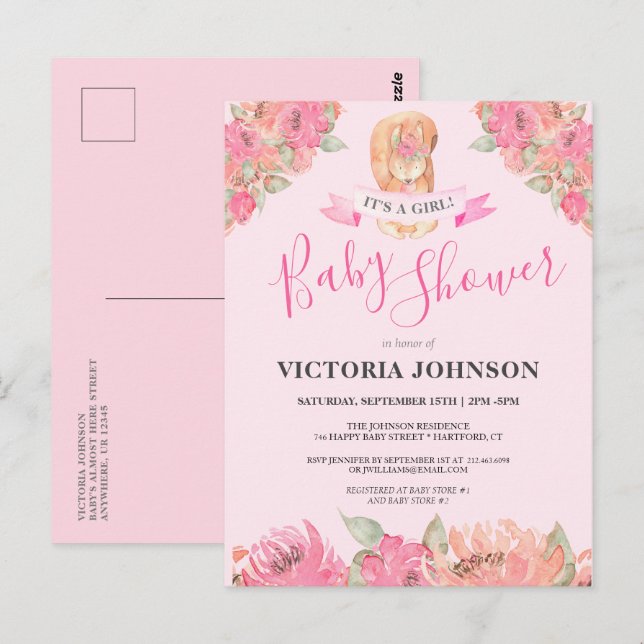 Sweet Boho Floral Squirrel Woodland Baby Shower In Postcard (Front/Back)