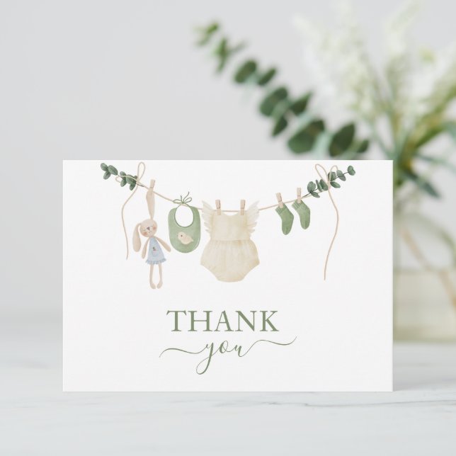 Sweet Boho Neutral Clothesline Girl Baby Shower Thank You Card (Standing Front)