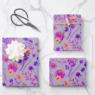 Sweet Bold Neon Pink & Purple Watercolor Flowers Wrapping Paper Sheet