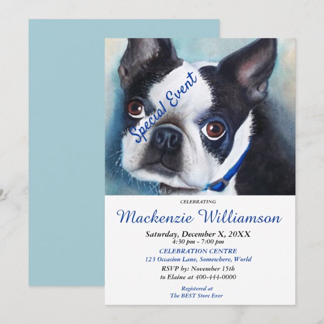 SWEET BOSTON TERRIER PUPPY WISHES HAPPY BIRTHDAY INVITATION (Front/Back)