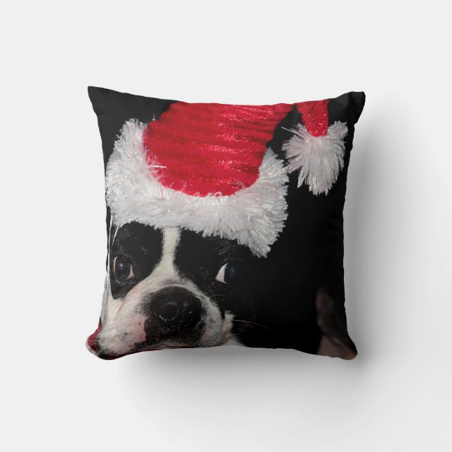 Sweet Boston terrier wearing a Santa hat Cushion (Front)