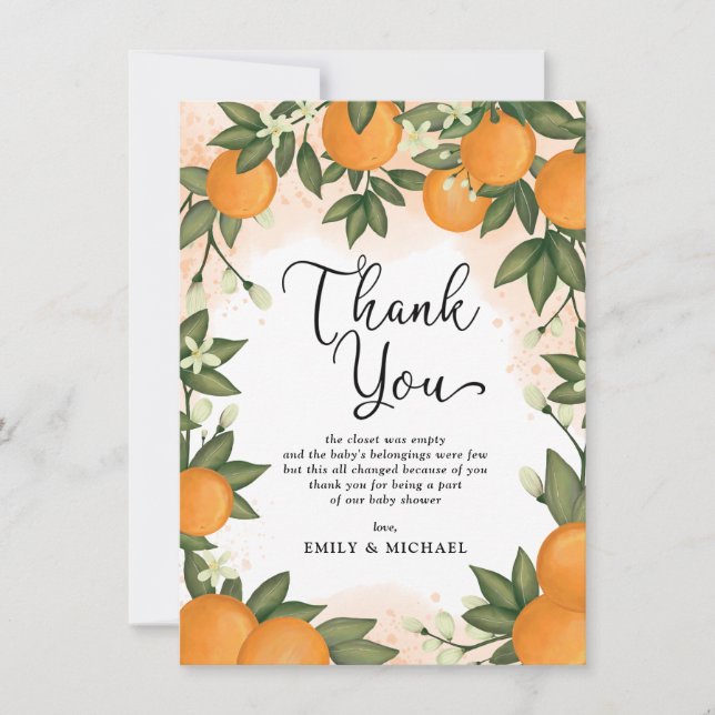 Sweet Botanical Citrus Oranges Baby Shower Favours Thank You Card (Front)