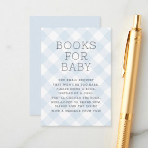  Sweet Boy Blue Gingham Books For Baby Shower Enclosure Card
