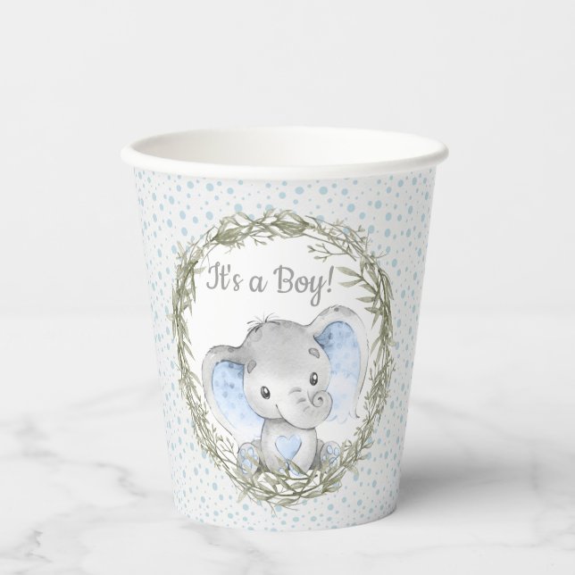 Sweet Boy Elephant Baby Shower Paper Cups (Front)