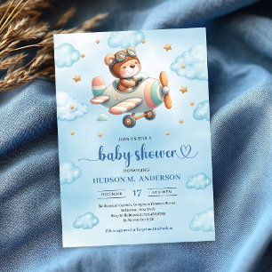Sweet Boy Shower Invitation Teddy Bear Pilot Blue