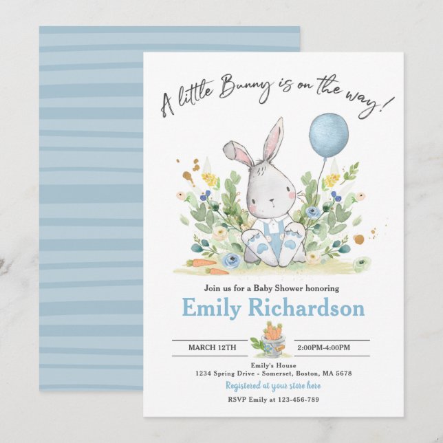 Sweet Boy Watercolor Bunny Baby Shower Blue Invitation (Front/Back)