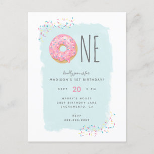 Sweet Bright Pink Doughnut with Sprinkle 1st Birth Invitation Postcard