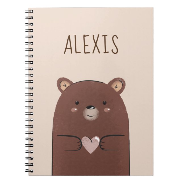 Sweet Brown Baby Bear & Heart Kid's Name Cream Notebook (Front)