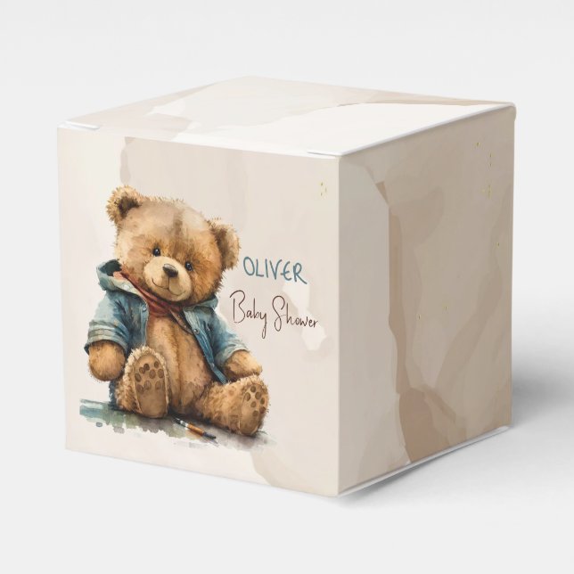 Sweet brown watercolor teddy bear Baby Shower Favour Box (Front Side)