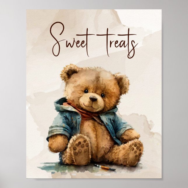 Sweet brown watercolor teddy bear Baby Shower Poster (Front)
