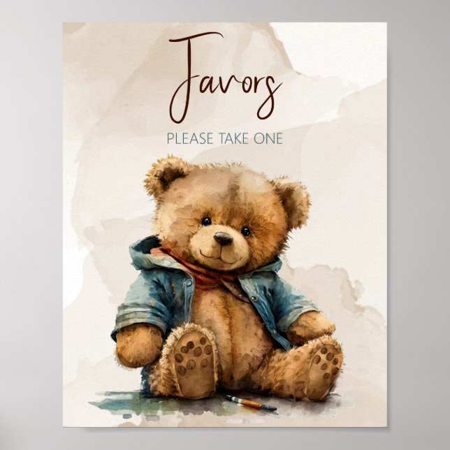 Sweet brown watercolor teddy bear Baby Shower Poster (Front)