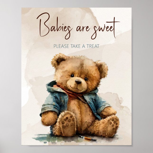 Sweet brown watercolor teddy bear Baby Shower Poster (Front)