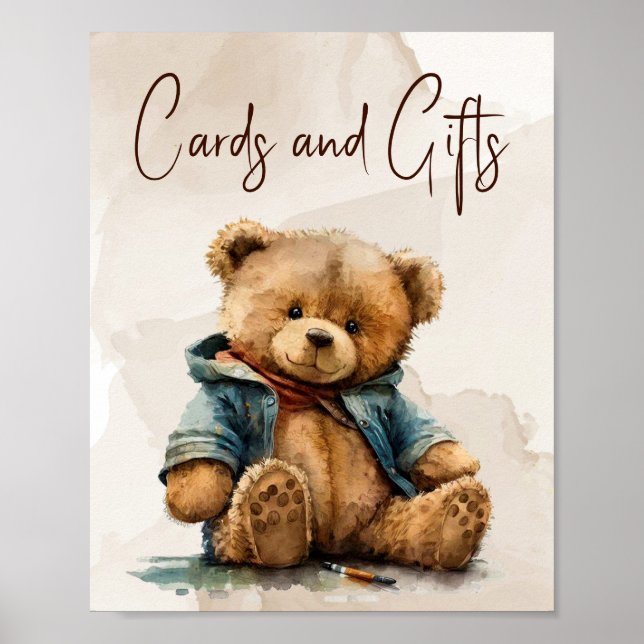 Sweet brown watercolor teddy bear Baby Shower Poster (Front)