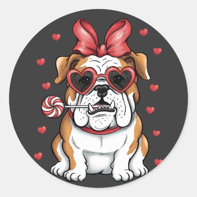 Sweet Bulldog with Lollipop Valentine's Day. Classic Round Sticker (Front)