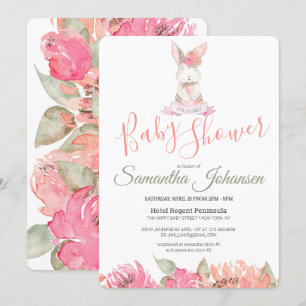 Sweet Bunny and Watercolor Flowers Baby Shower Invitation