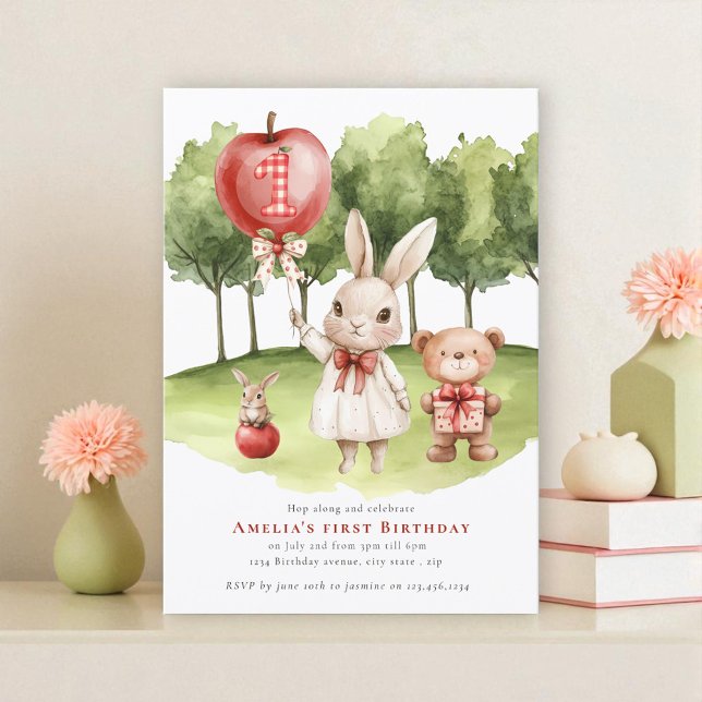 Sweet Bunny Apple First Birthday Invitation (Creator Uploaded)