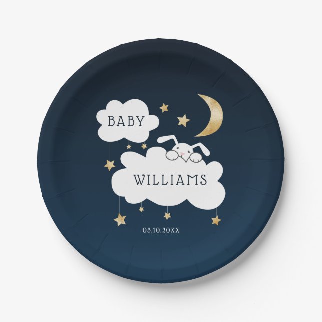 Sweet Bunny Baby Shower Navy Blue Gold Paper Plate (Front)