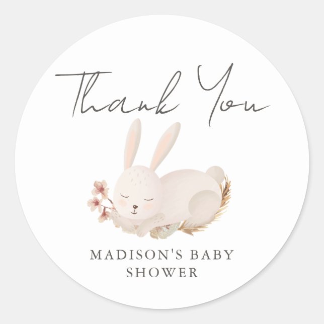 Sweet Bunny Calligraphy Baby Shower Thank You Classic Round Sticker (Front)